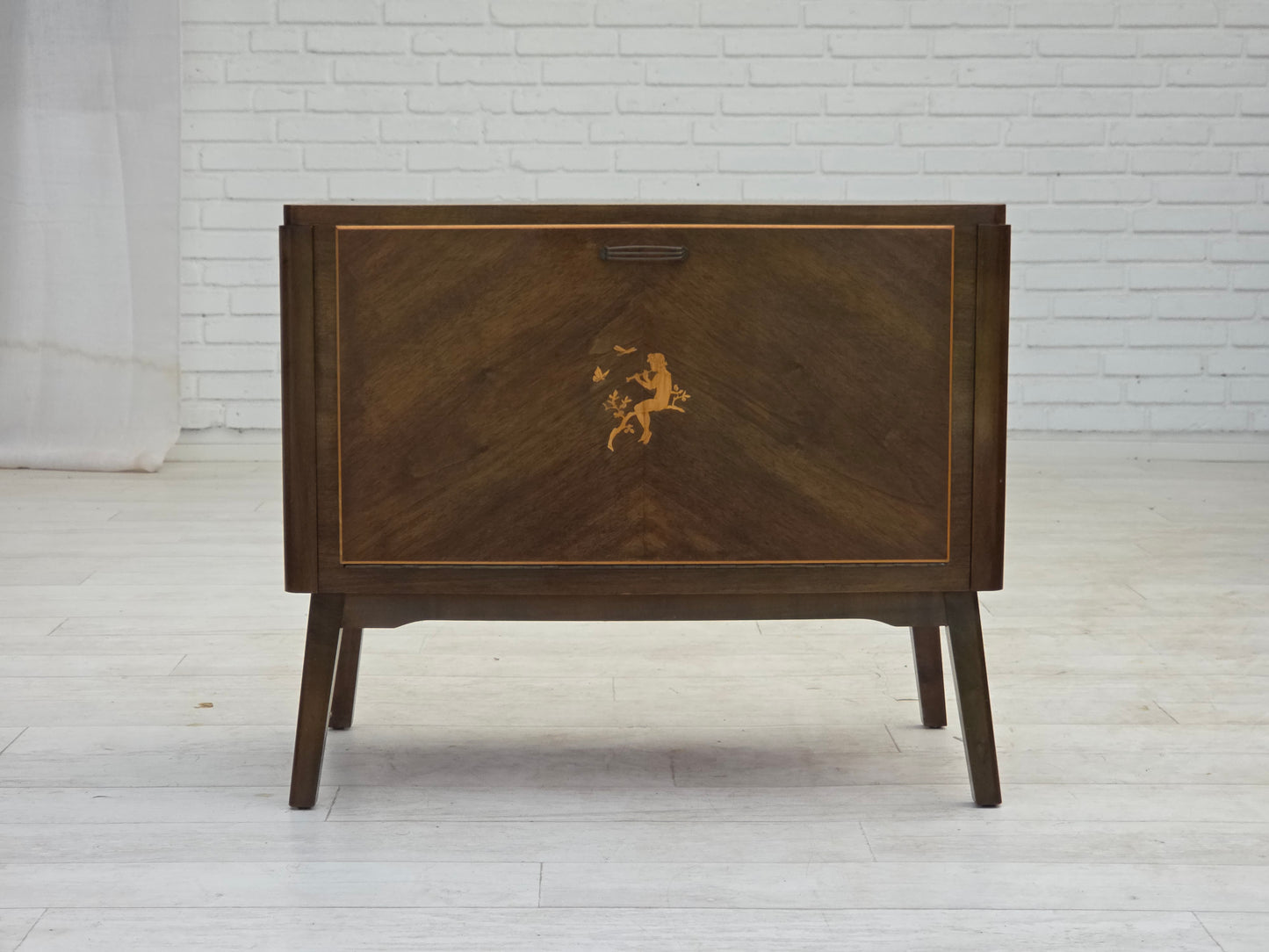 1960s, Danish radio/TV commode, laqered ash wood, wood marquetry door.