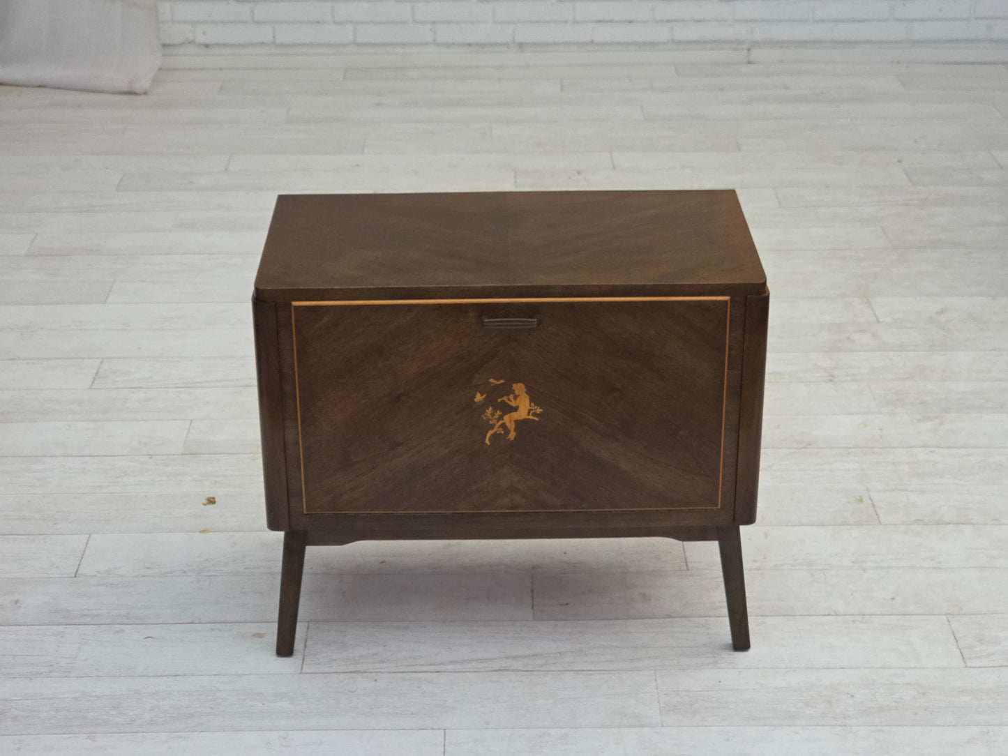 1960s, Danish radio/TV commode, laqered ash wood, wood marquetry door.
