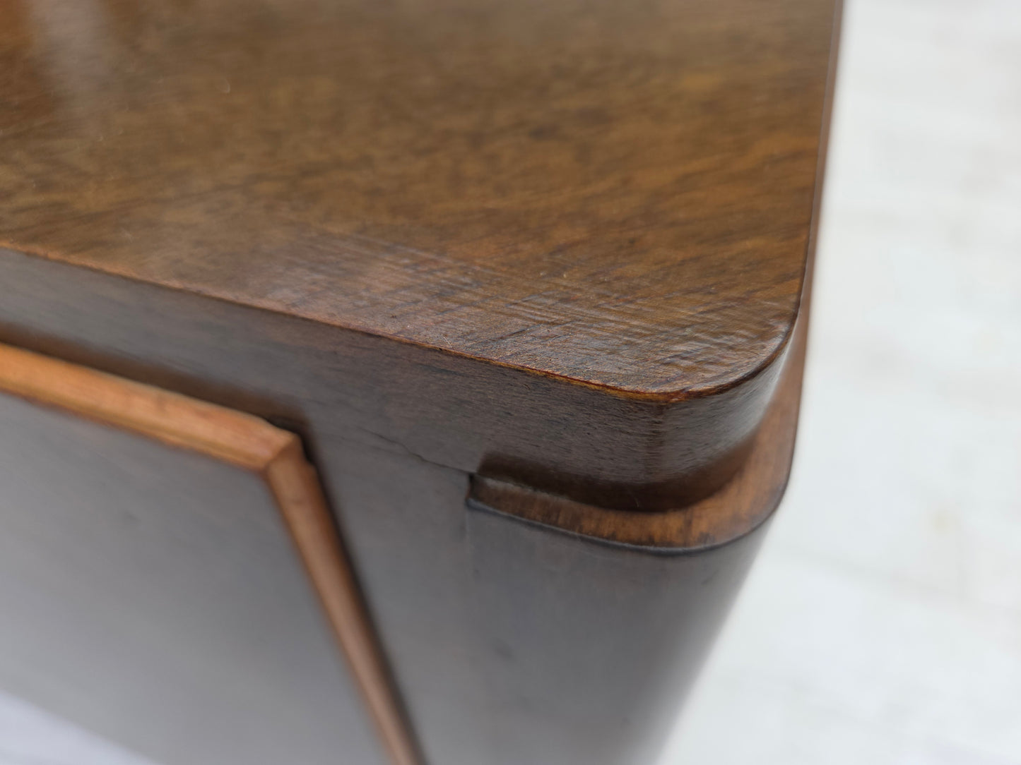 1960s, Danish radio/TV commode, laqered ash wood, wood marquetry door.