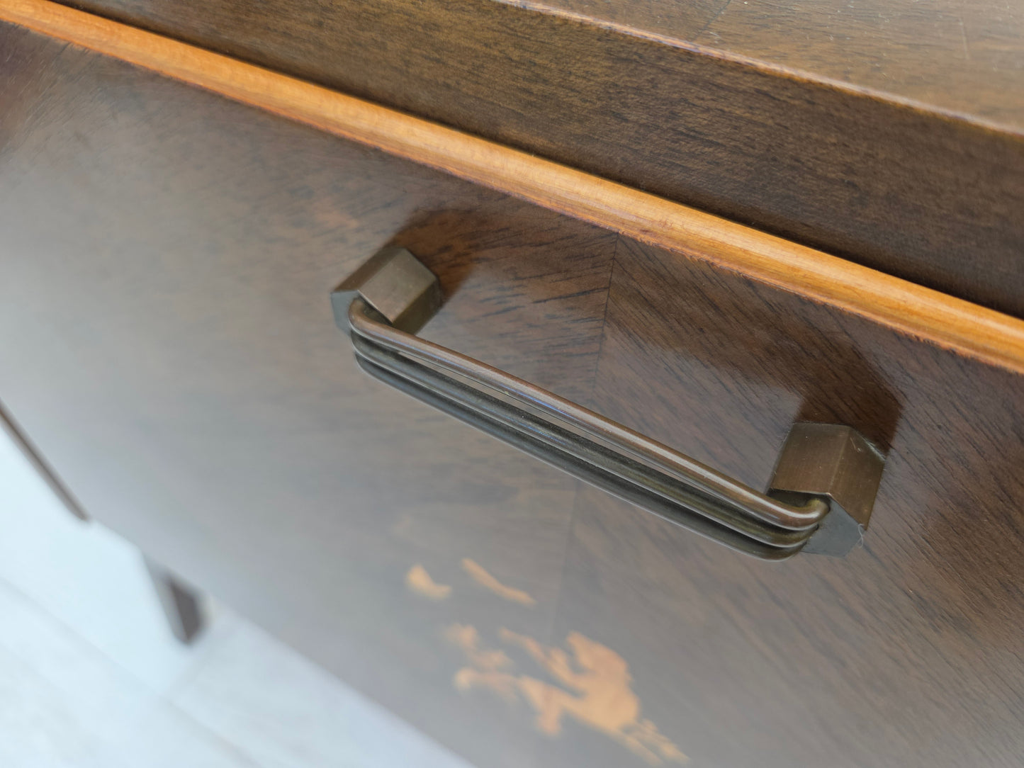 1960s, Danish radio/TV commode, laqered ash wood, wood marquetry door.