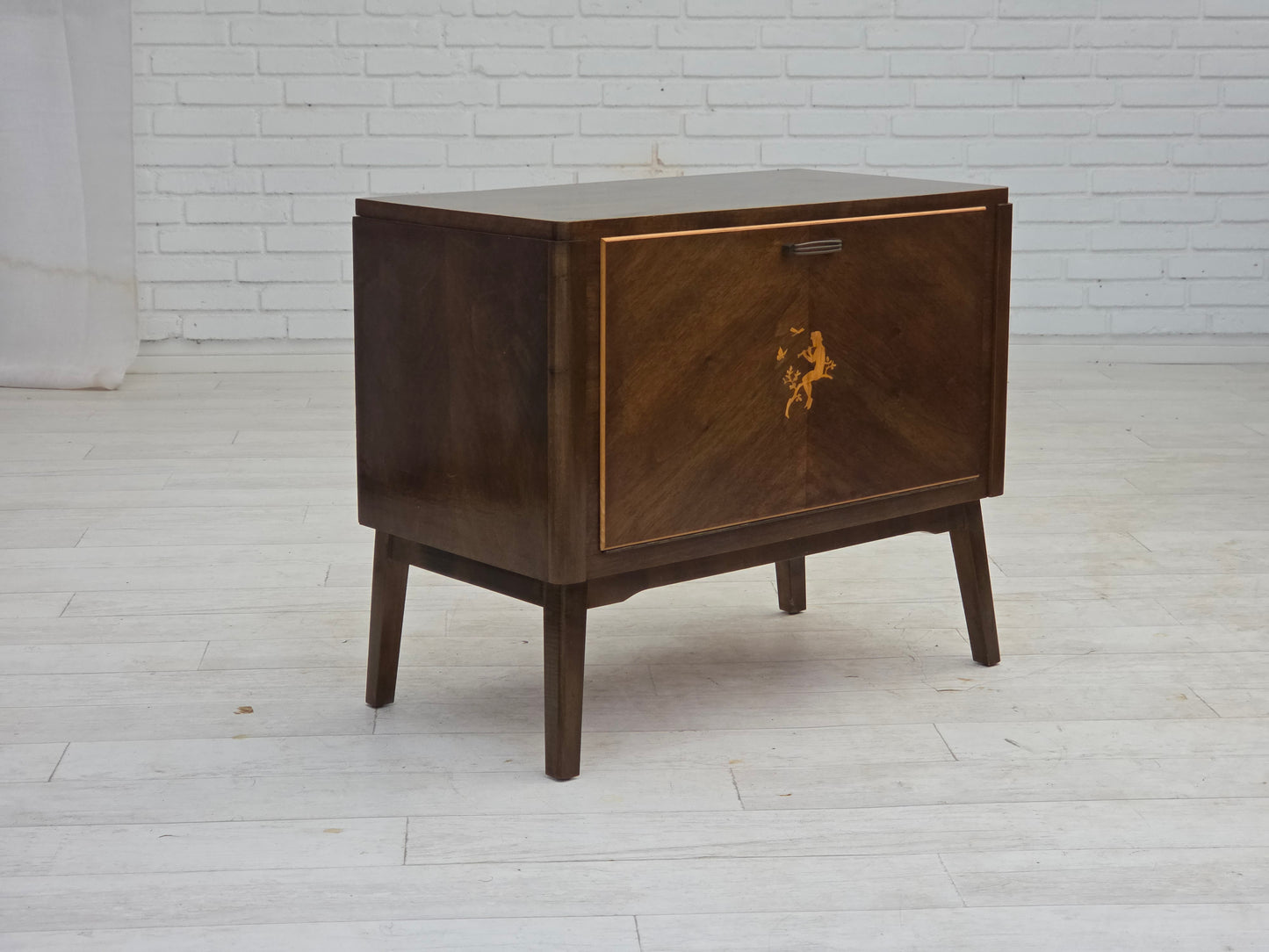 1960s, Danish radio/TV commode, laqered ash wood, wood marquetry door.