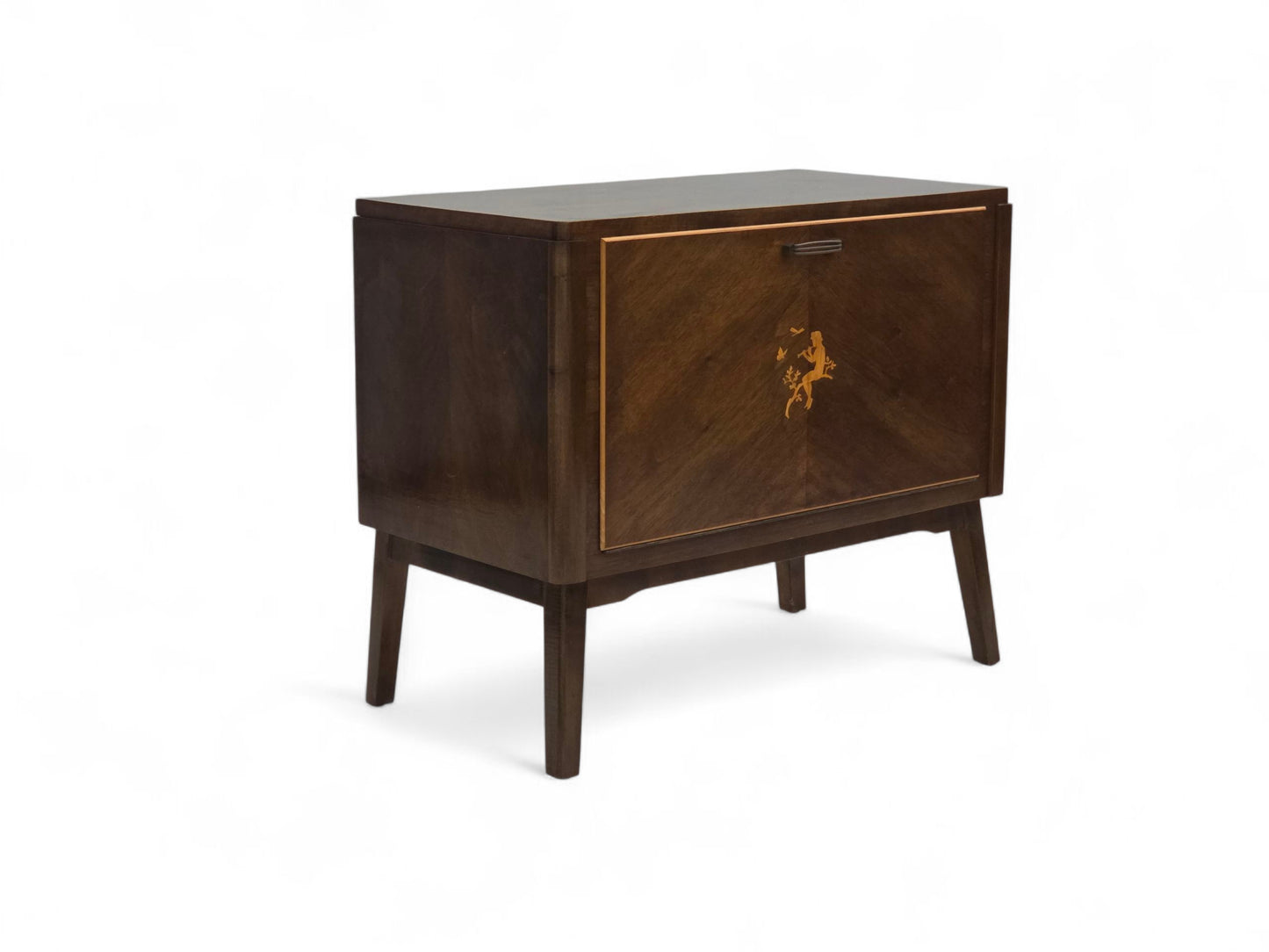 1960s, Danish radio/TV commode, laqered ash wood, wood marquetry door.