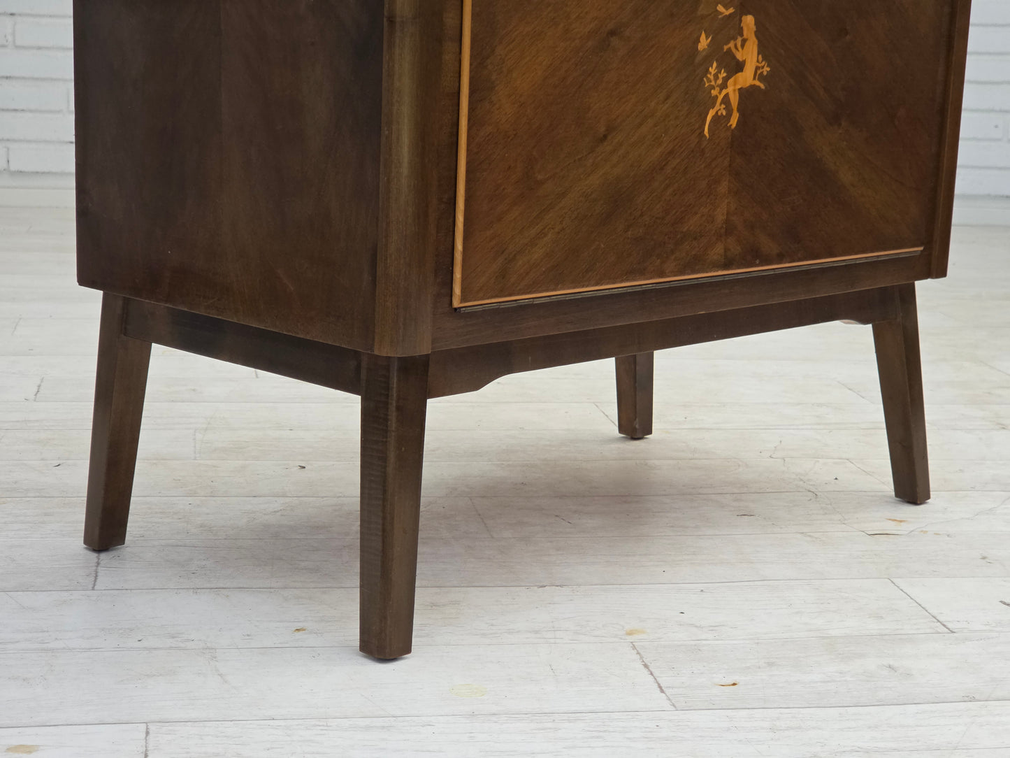 1960s, Danish radio/TV commode, laqered ash wood, wood marquetry door.