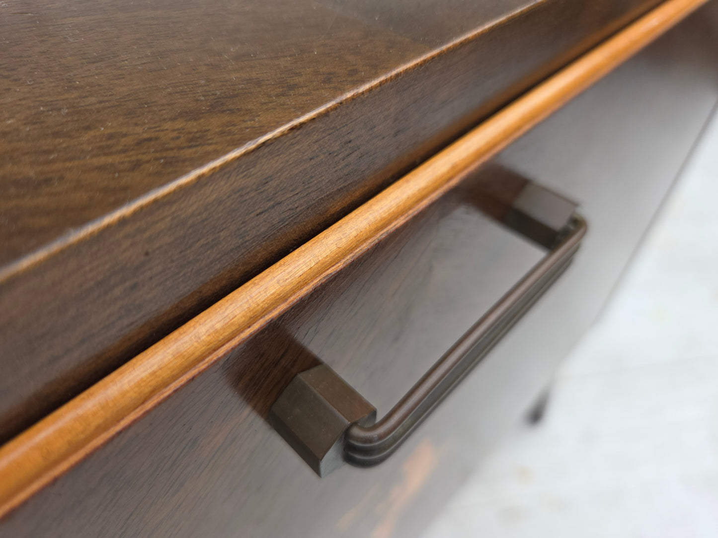 1960s, Danish radio/TV commode, laqered ash wood, wood marquetry door.