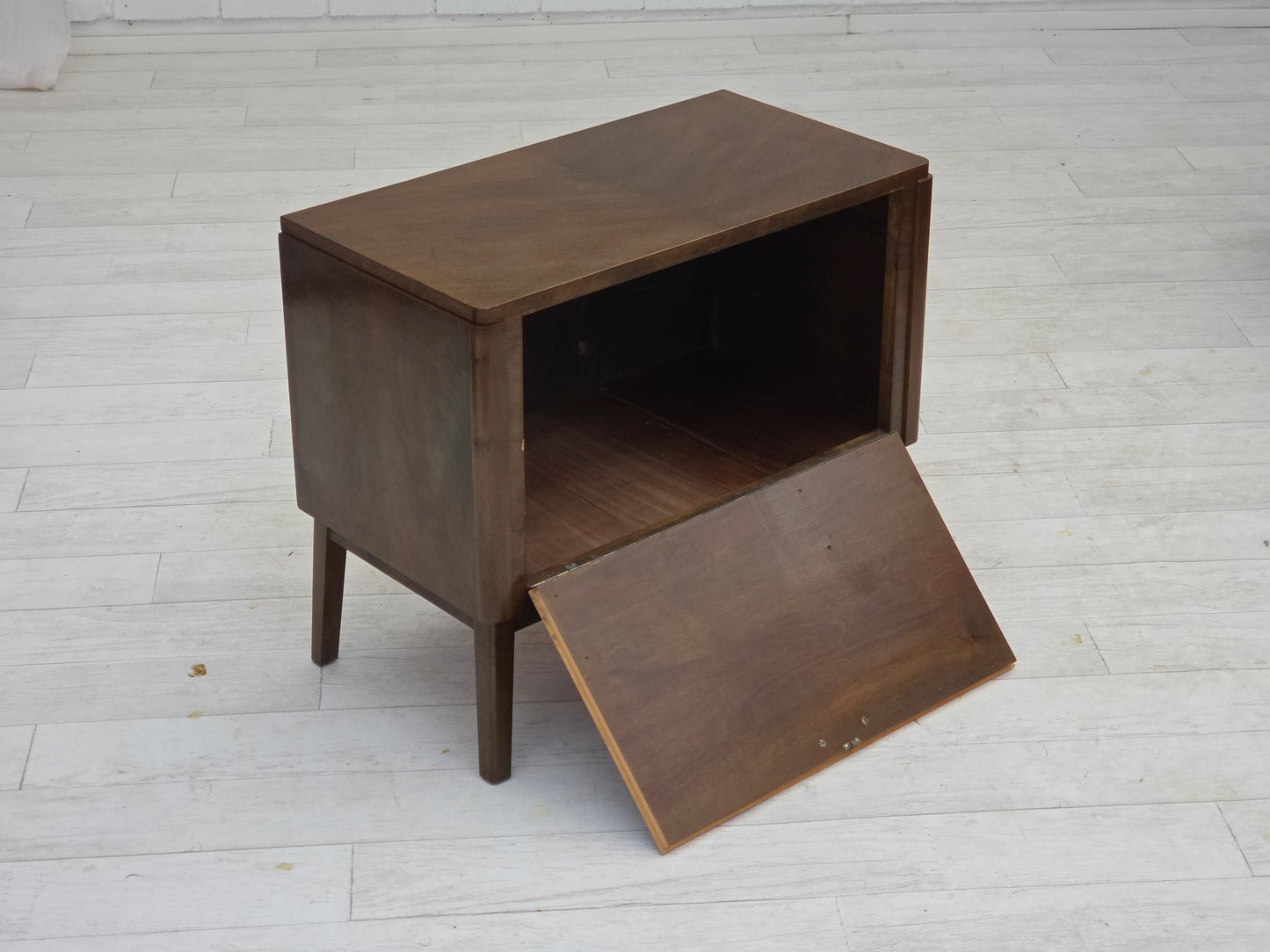 1960s, Danish radio/TV commode, laqered ash wood, wood marquetry door.