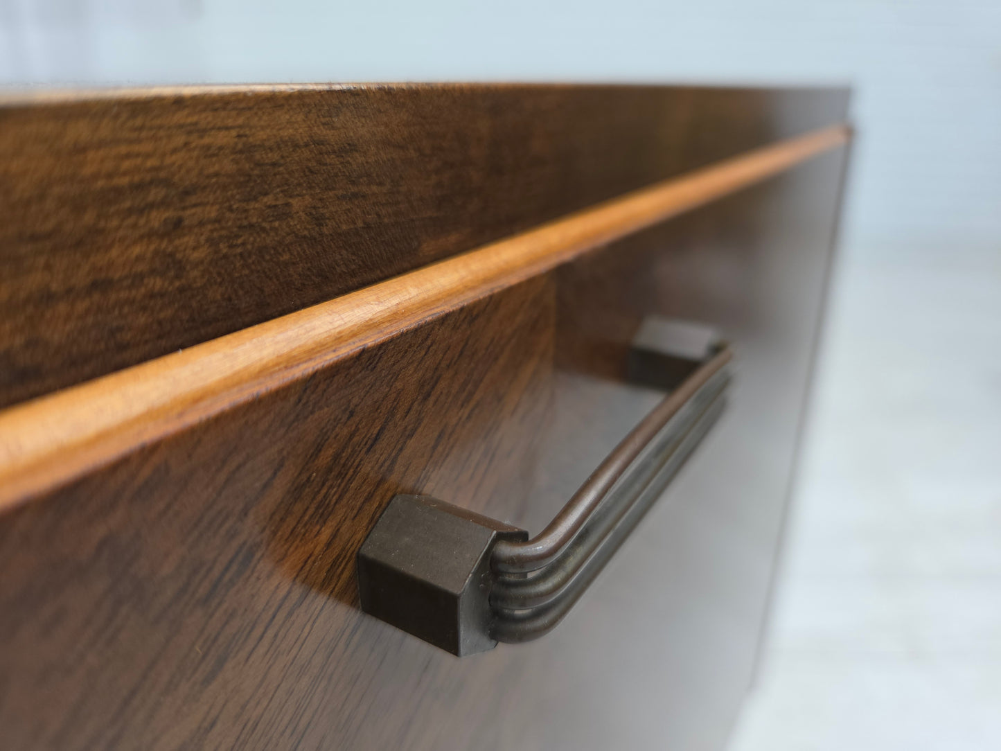 1960s, Danish radio/TV commode, laqered ash wood, wood marquetry door.