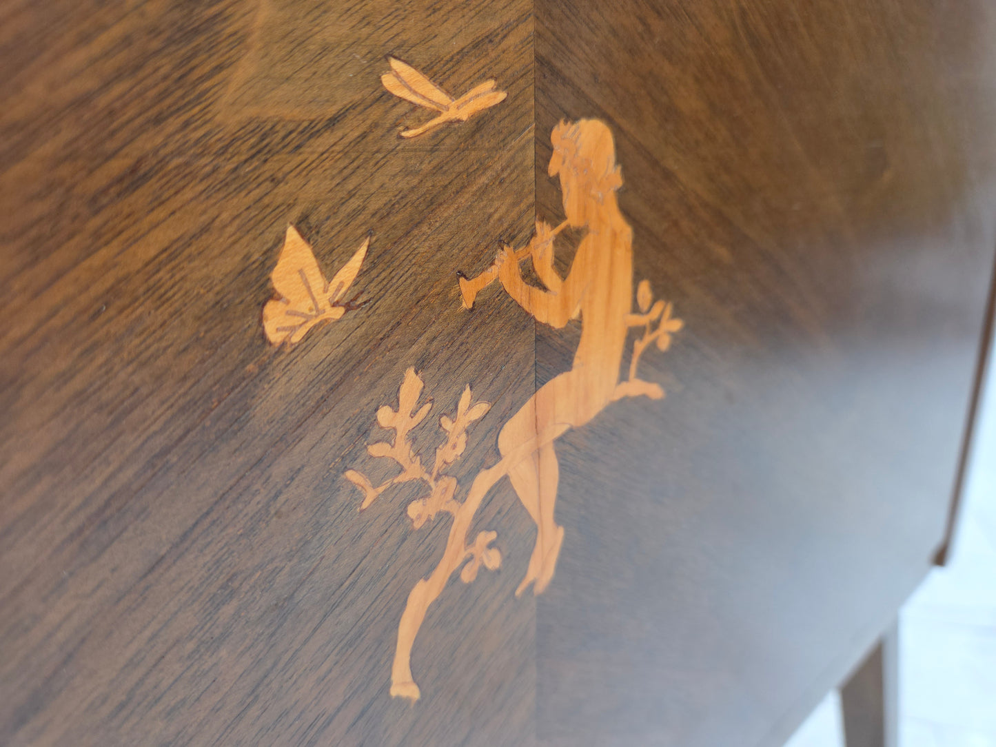 1960s, Danish radio/TV commode, laqered ash wood, wood marquetry door.