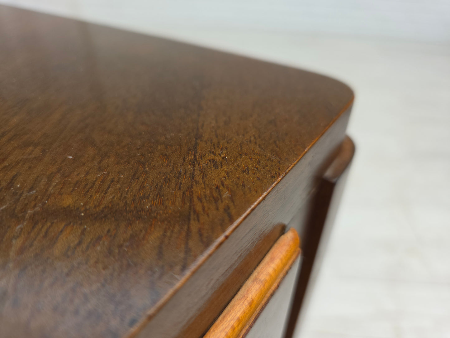 1960s, Danish radio/TV commode, laqered ash wood, wood marquetry door.