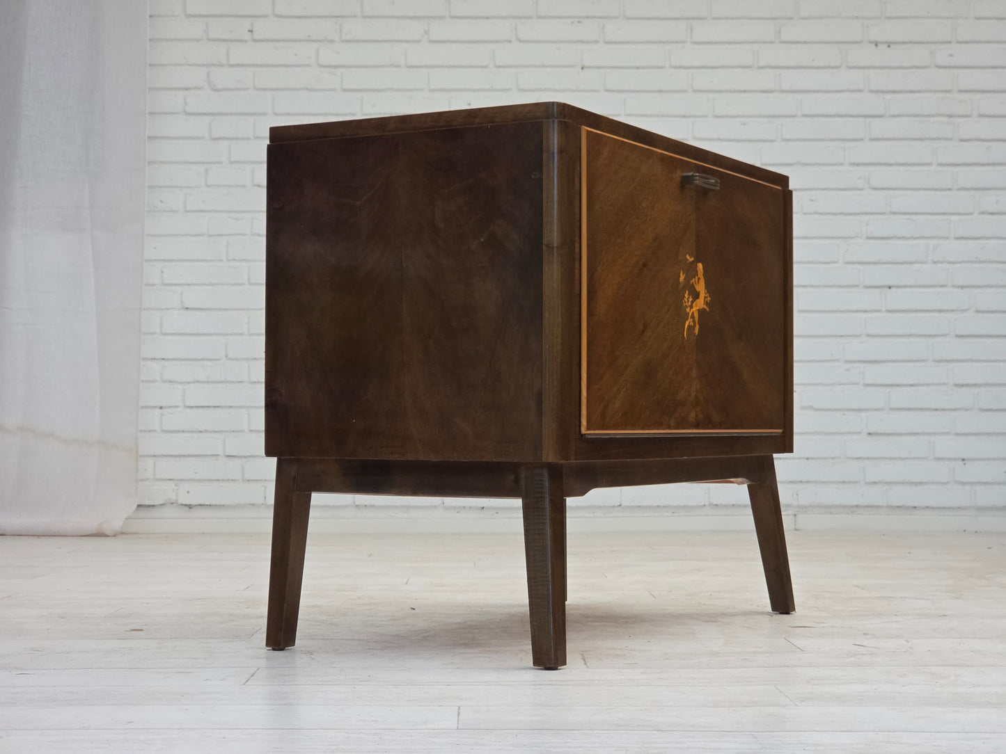 1960s, Danish radio/TV commode, laqered ash wood, wood marquetry door.