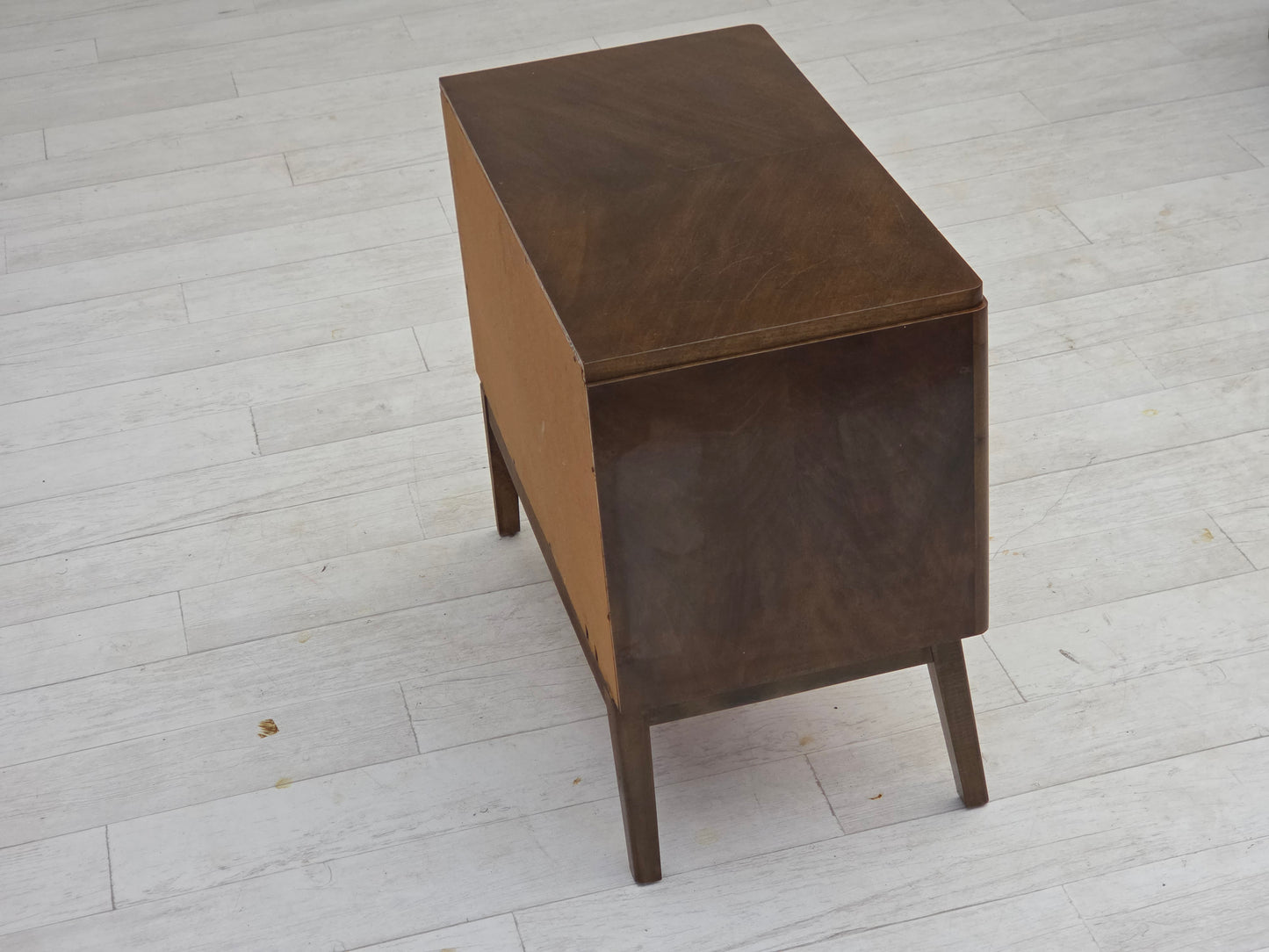 1960s, Danish radio/TV commode, laqered ash wood, wood marquetry door.