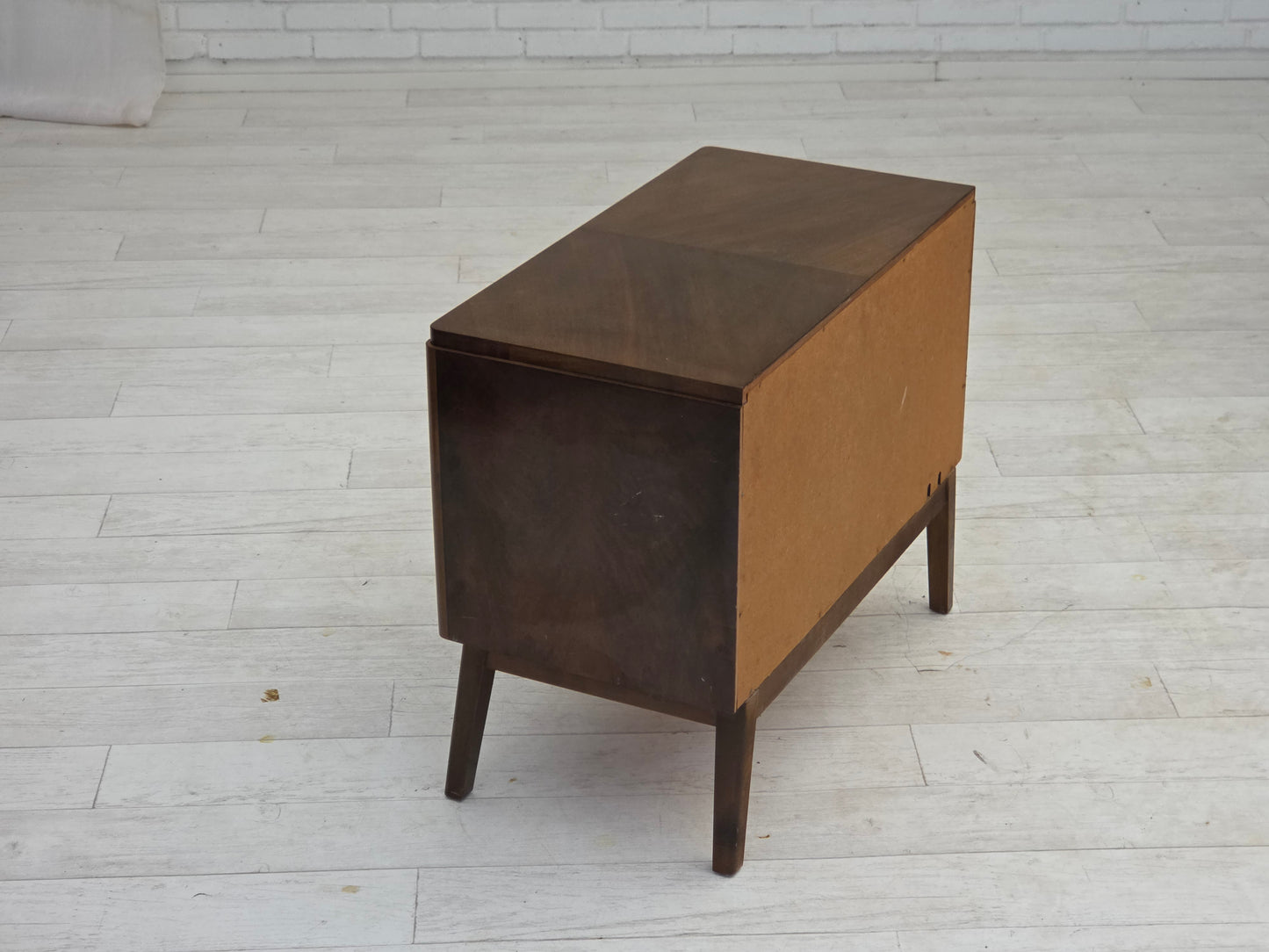 1960s, Danish radio/TV commode, laqered ash wood, wood marquetry door.