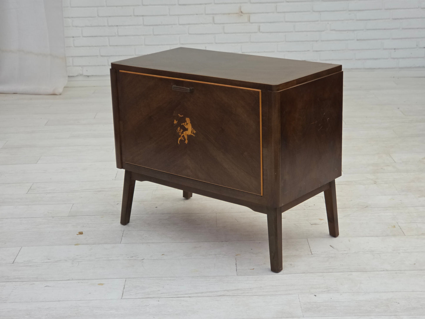 1960s, Danish radio/TV commode, laqered ash wood, wood marquetry door.