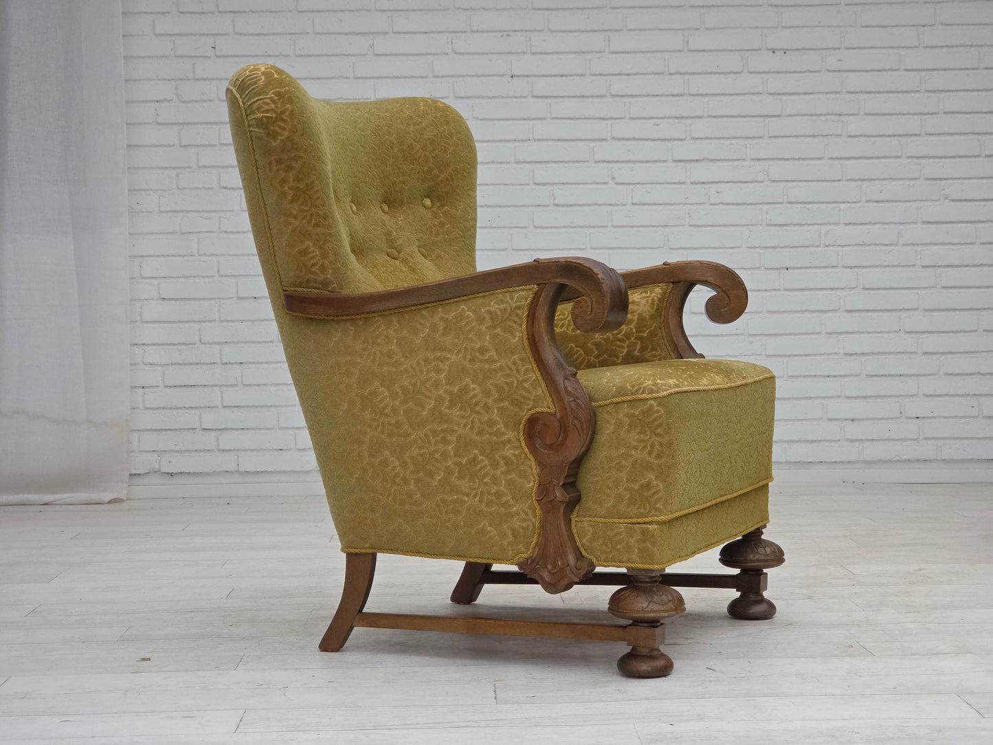 1960s, Danish armchair, furniture cotton/wool fabric, solid oak wood.