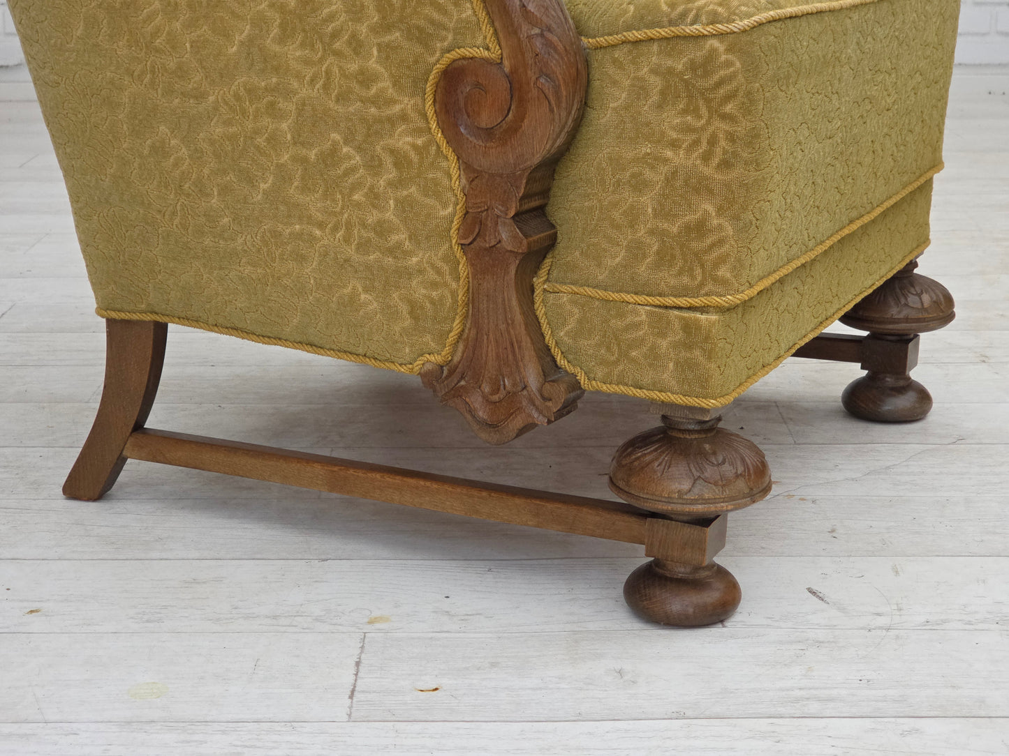 1960s, Danish armchair, furniture cotton/wool fabric, solid oak wood.