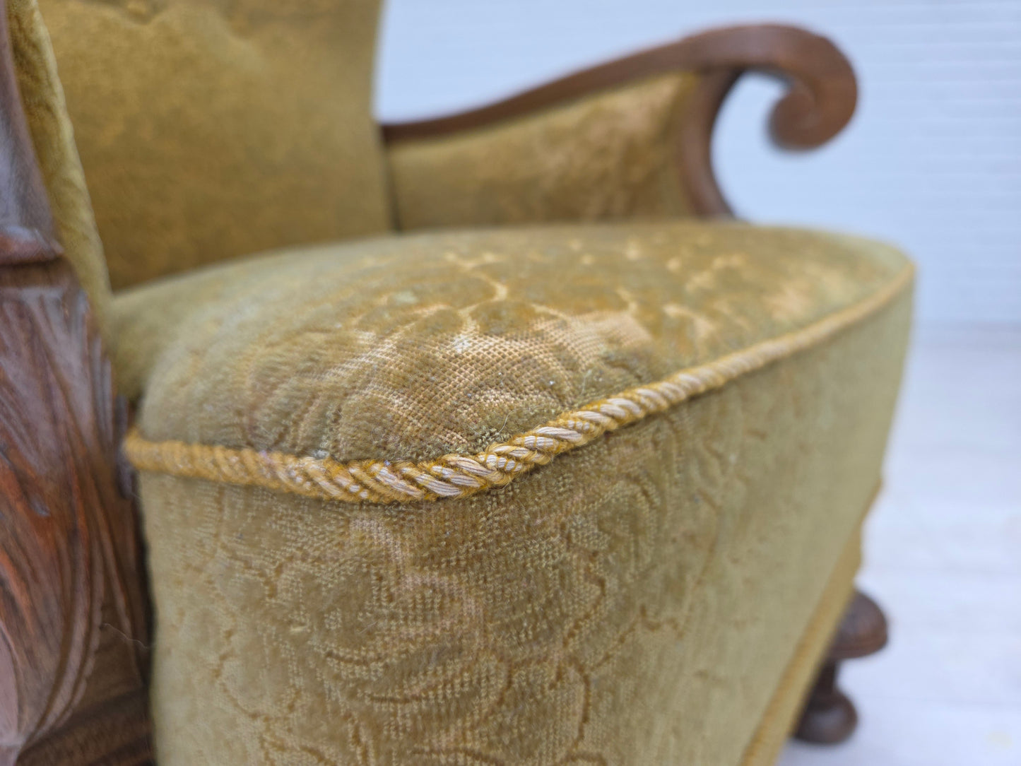 1960s, Danish armchair, furniture cotton/wool fabric, solid oak wood.