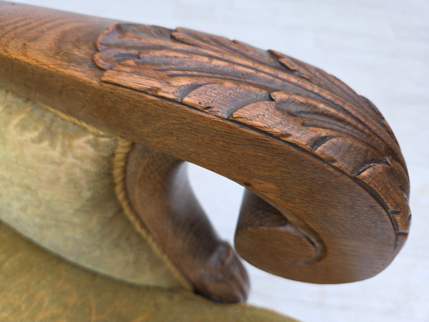 1960s, Danish armchair, furniture cotton/wool fabric, solid oak wood.