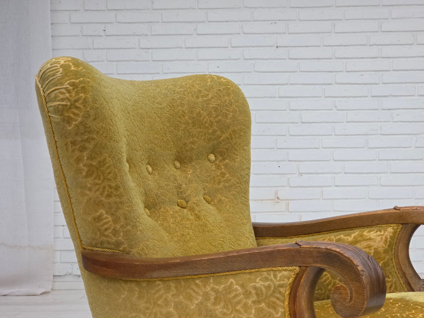 1960s, Danish armchair, furniture cotton/wool fabric, solid oak wood.