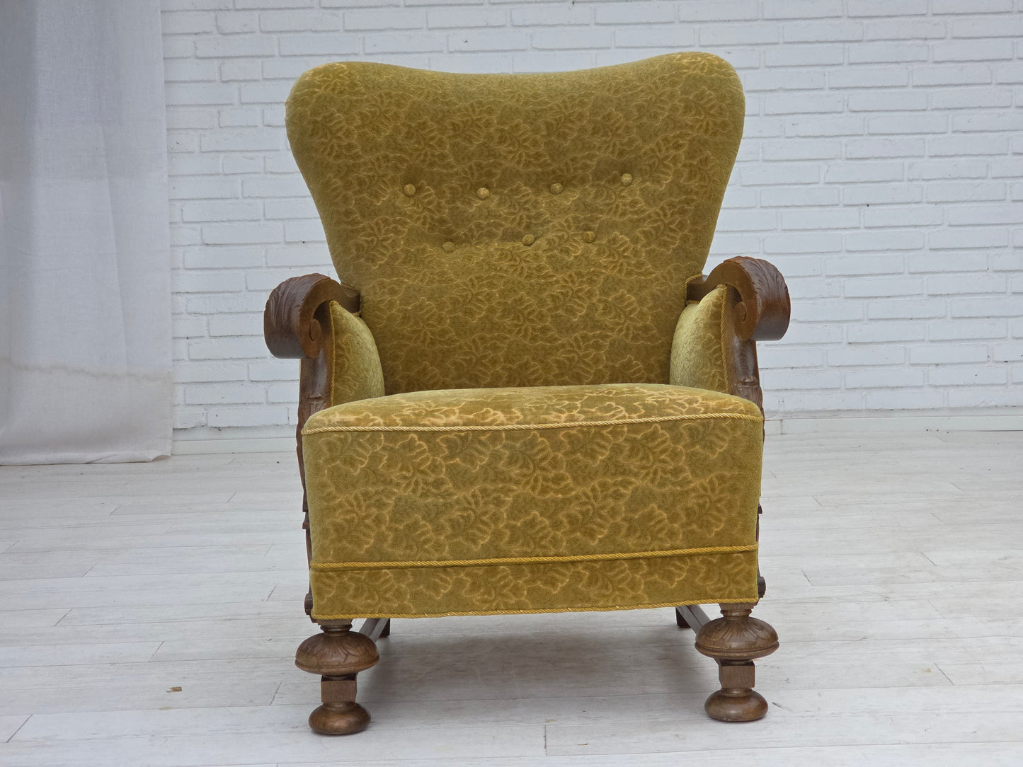 1960s, Danish armchair, furniture cotton/wool fabric, solid oak wood.