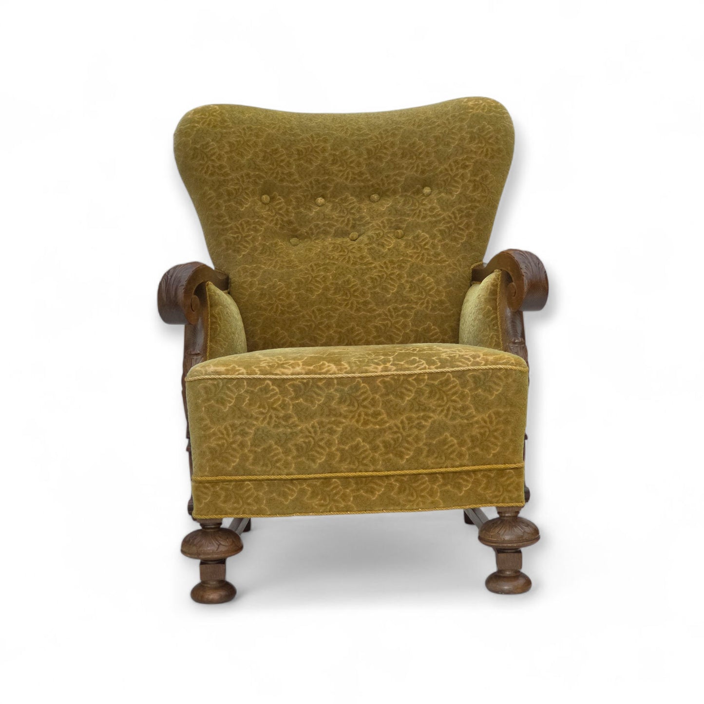 1960s, Danish armchair, furniture cotton/wool fabric, solid oak wood.