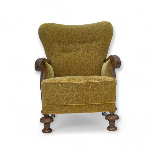 1960s, Danish armchair, furniture cotton/wool fabric, solid oak wood.