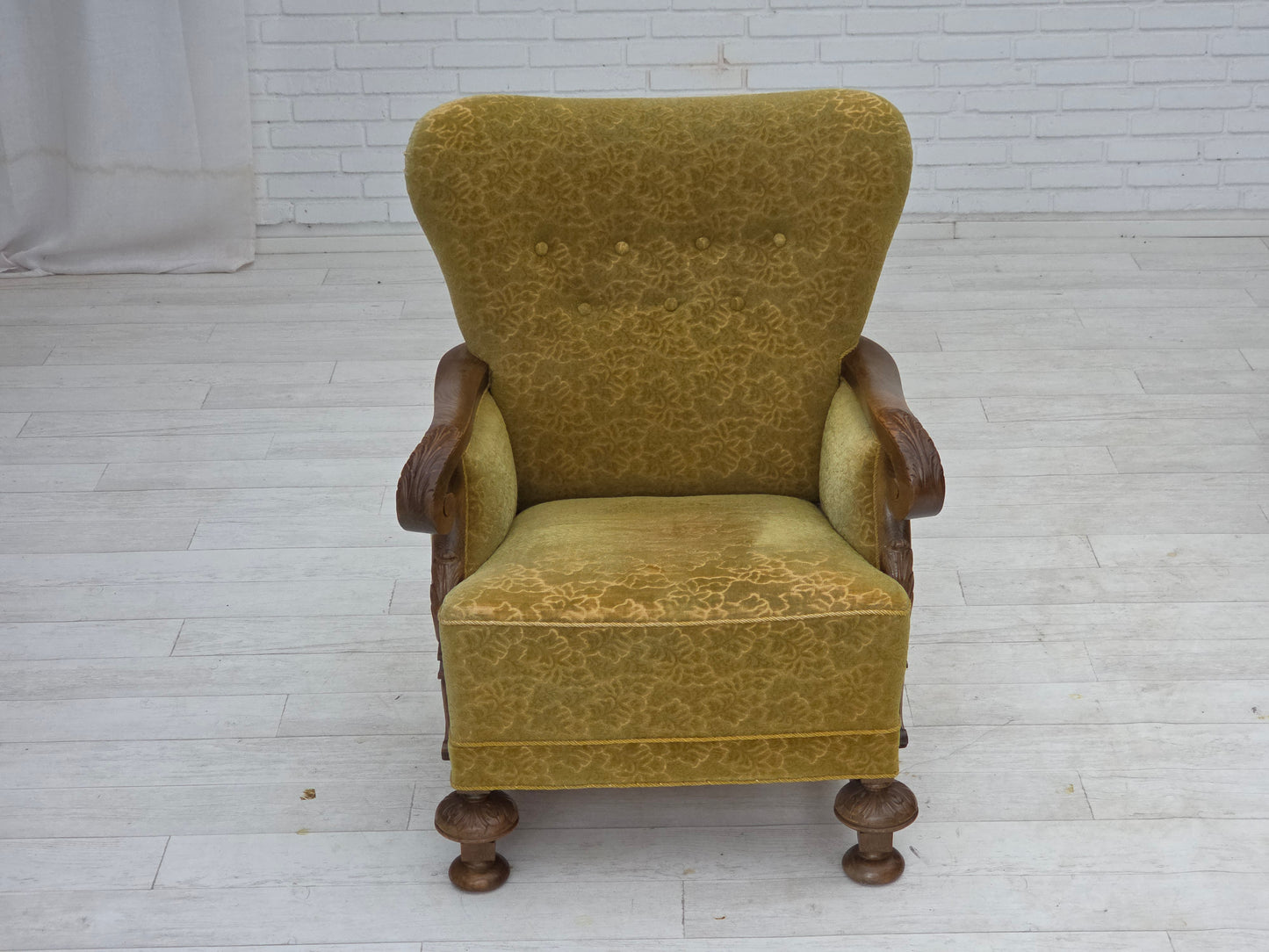 1960s, Danish armchair, furniture cotton/wool fabric, solid oak wood.