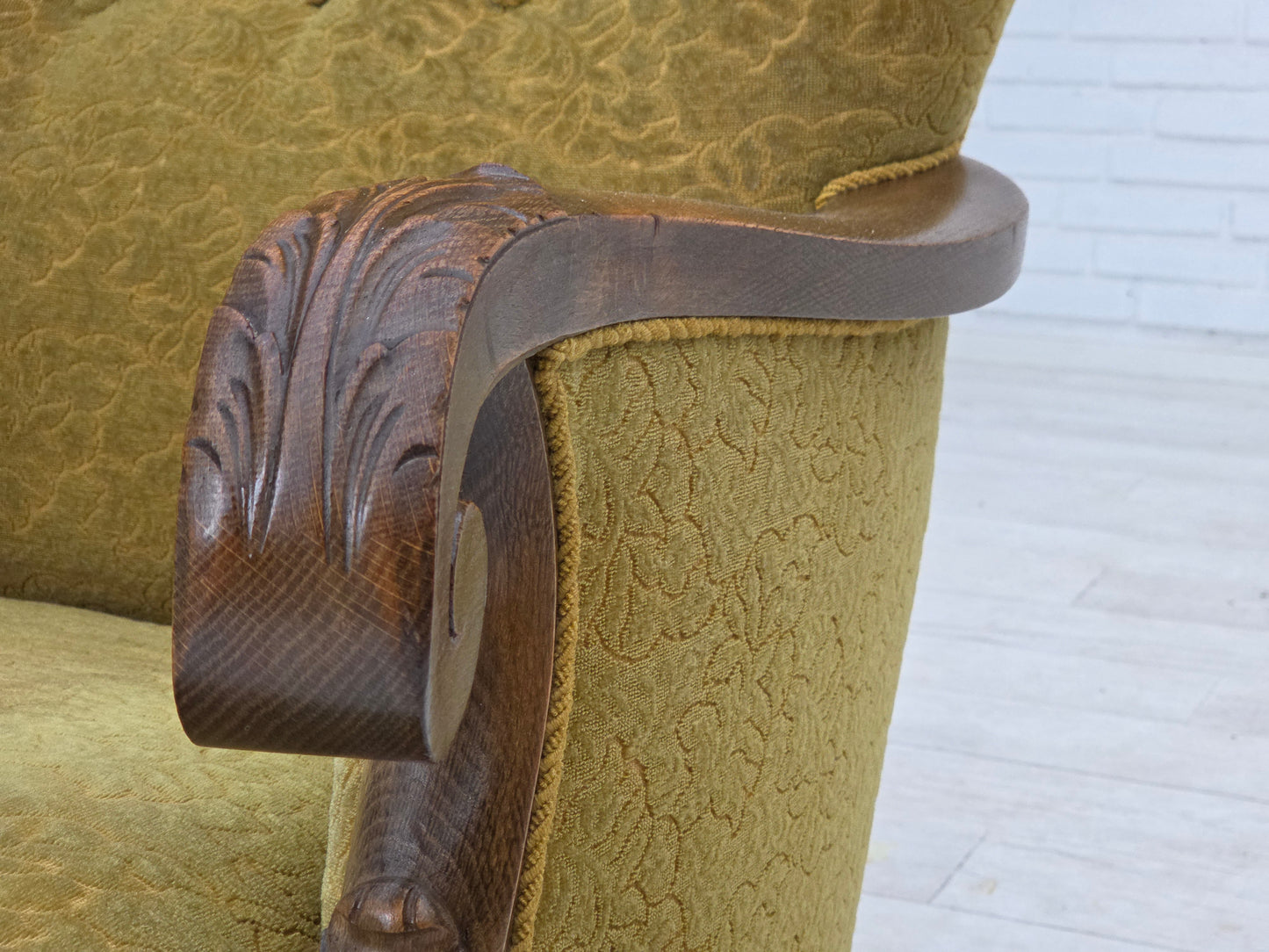 1960s, Danish armchair, furniture cotton/wool fabric, solid oak wood.