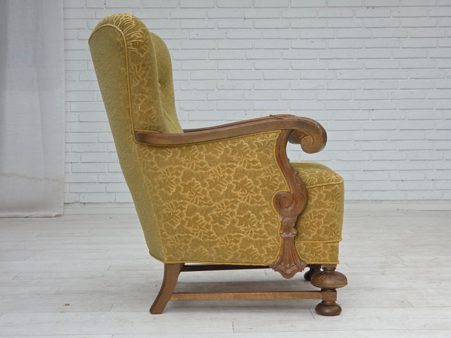 1960s, Danish armchair, furniture cotton/wool fabric, solid oak wood.