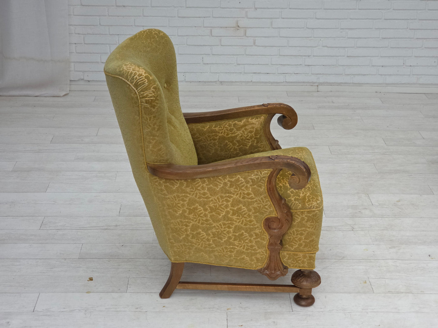 1960s, Danish armchair, furniture cotton/wool fabric, solid oak wood.