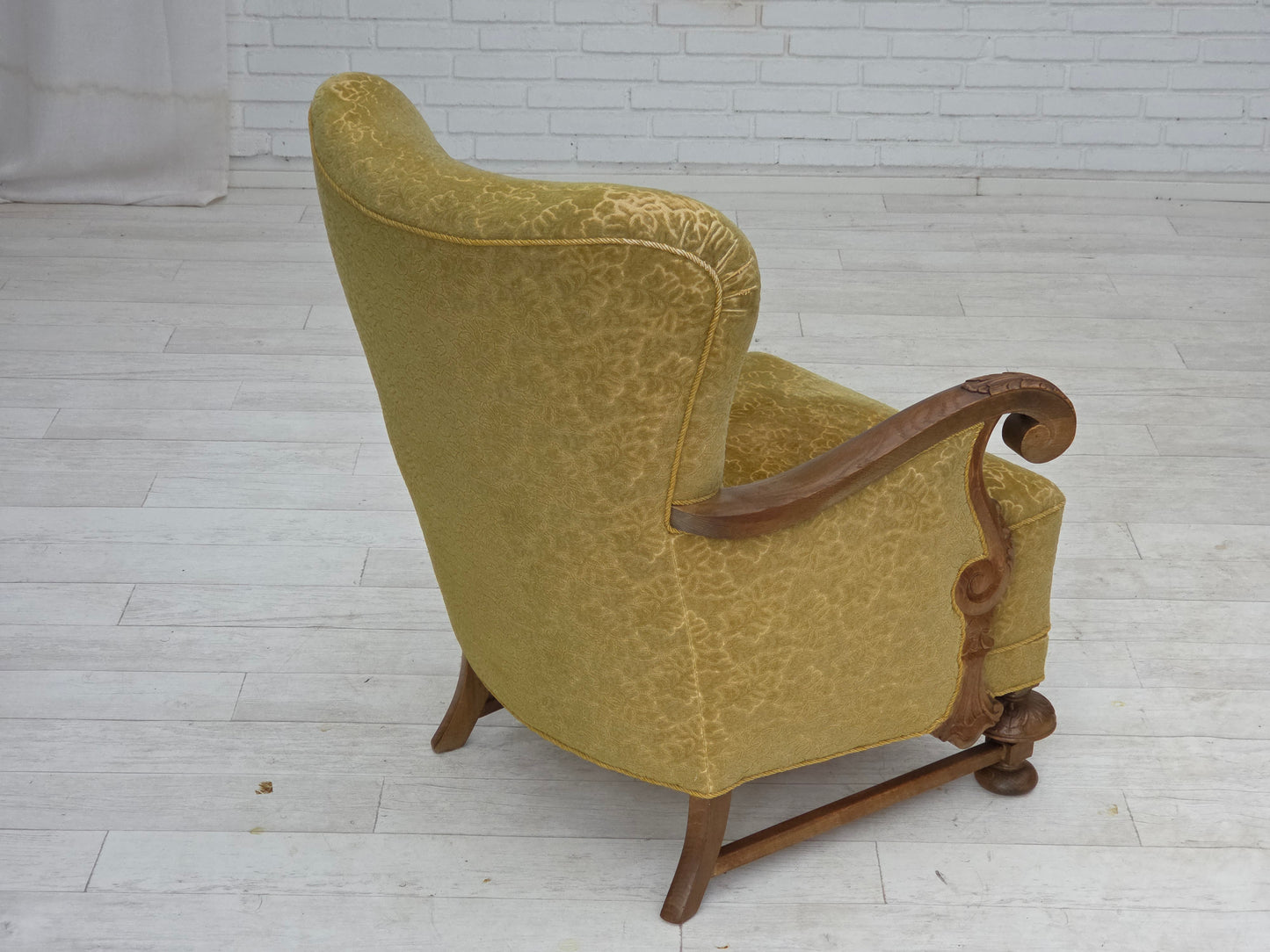 1960s, Danish armchair, furniture cotton/wool fabric, solid oak wood.