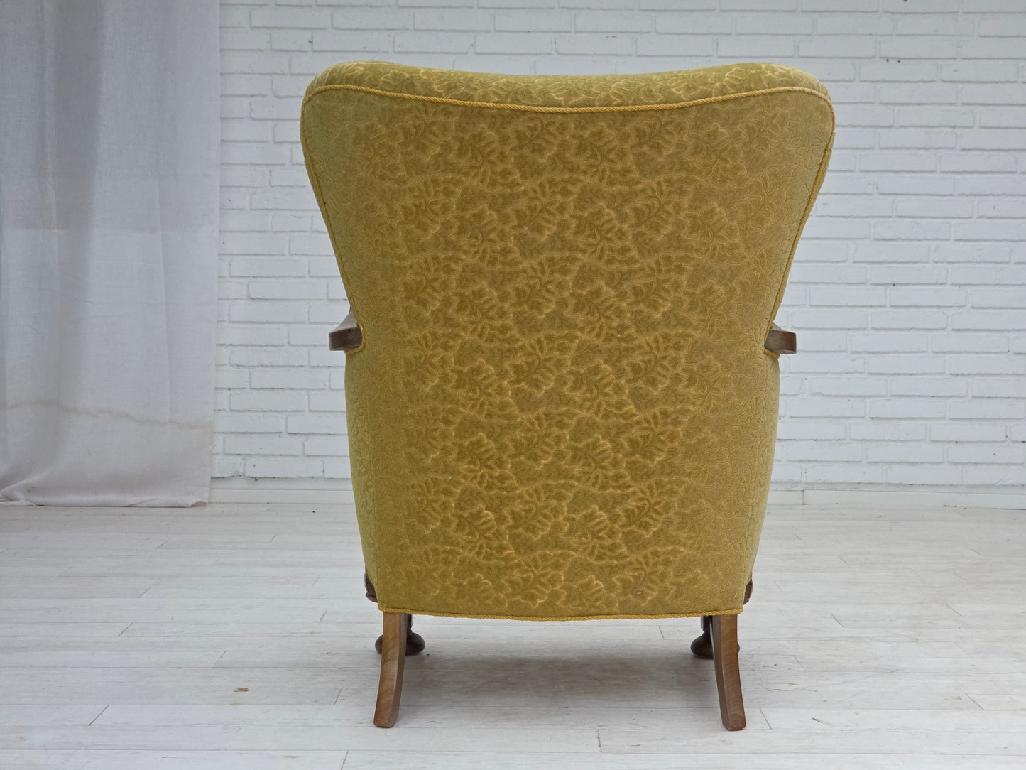 1960s, Danish armchair, furniture cotton/wool fabric, solid oak wood.