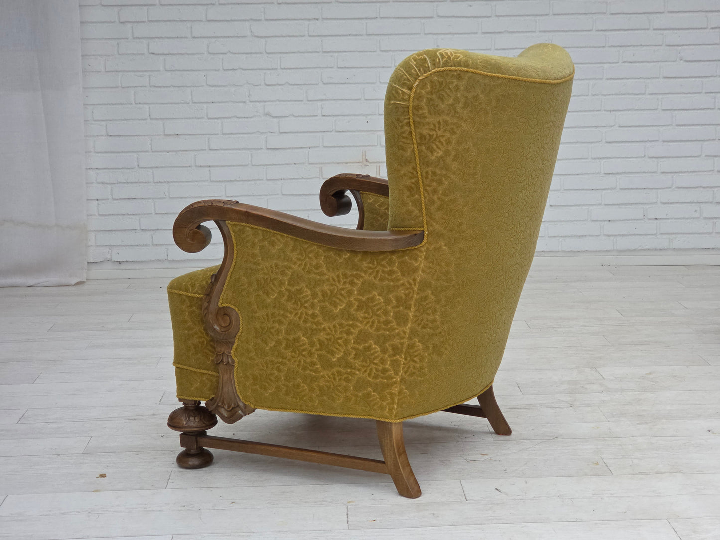 1960s, Danish armchair, furniture cotton/wool fabric, solid oak wood.