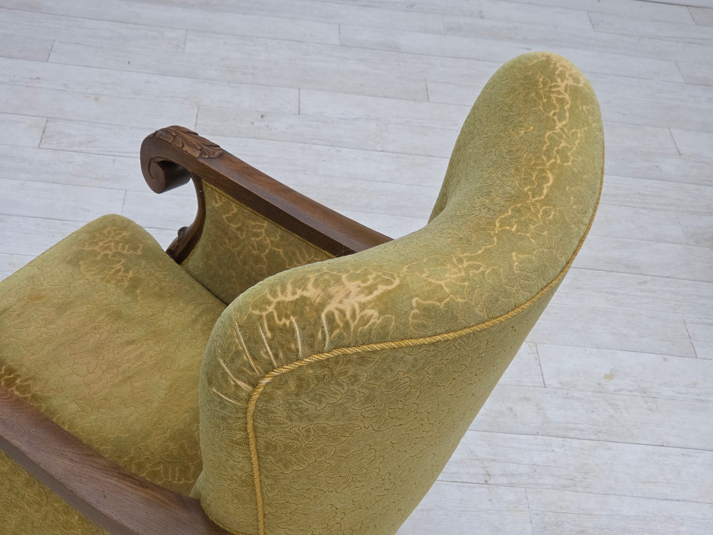 1960s, Danish armchair, furniture cotton/wool fabric, solid oak wood.