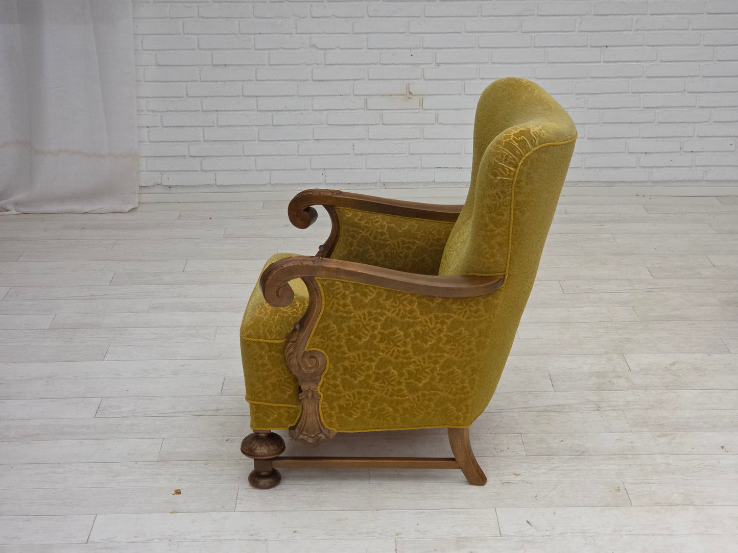 1960s, Danish armchair, furniture cotton/wool fabric, solid oak wood.