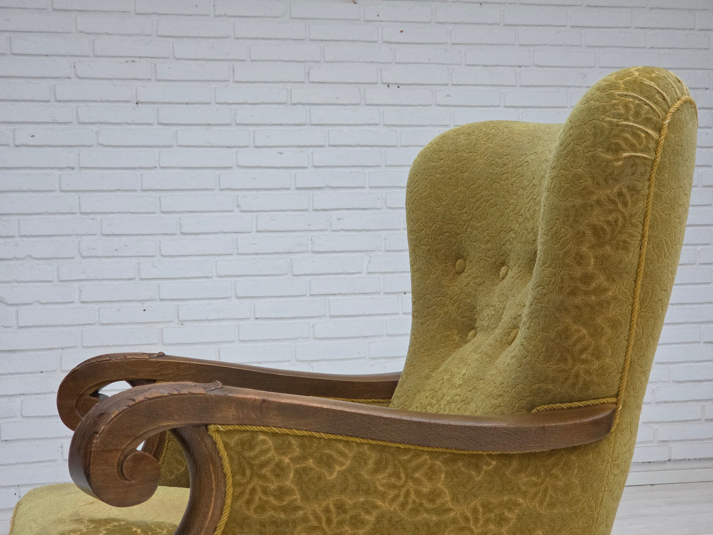1960s, Danish armchair, furniture cotton/wool fabric, solid oak wood.