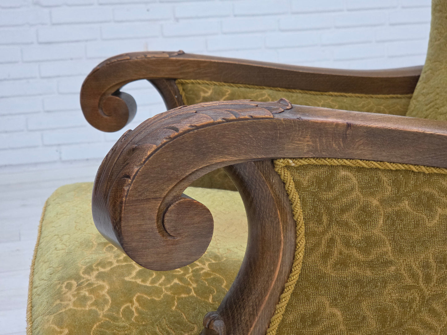 1960s, Danish armchair, furniture cotton/wool fabric, solid oak wood.