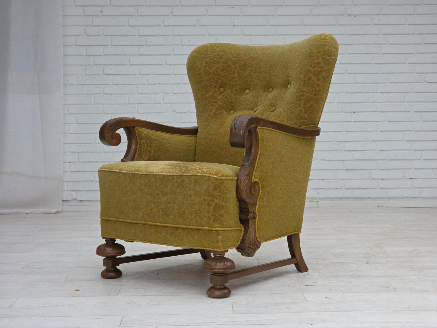 1960s, Danish armchair, furniture cotton/wool fabric, solid oak wood.