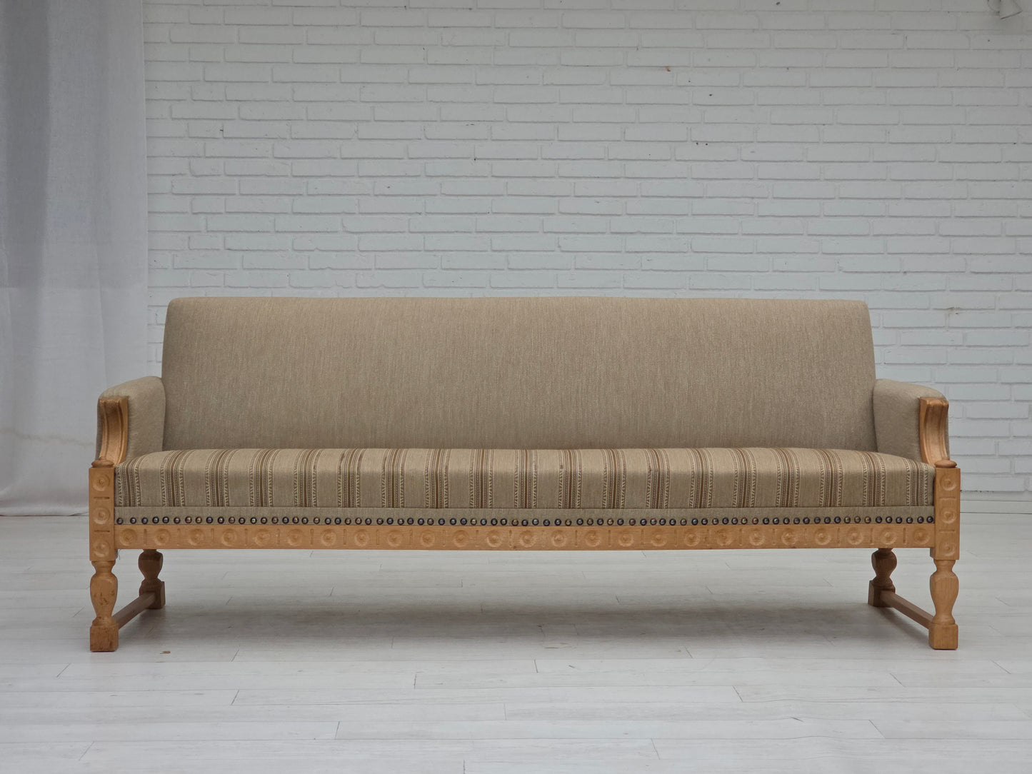 1970s, 3-seater Danish sofa, original beige furniture wool, solid oak wood.