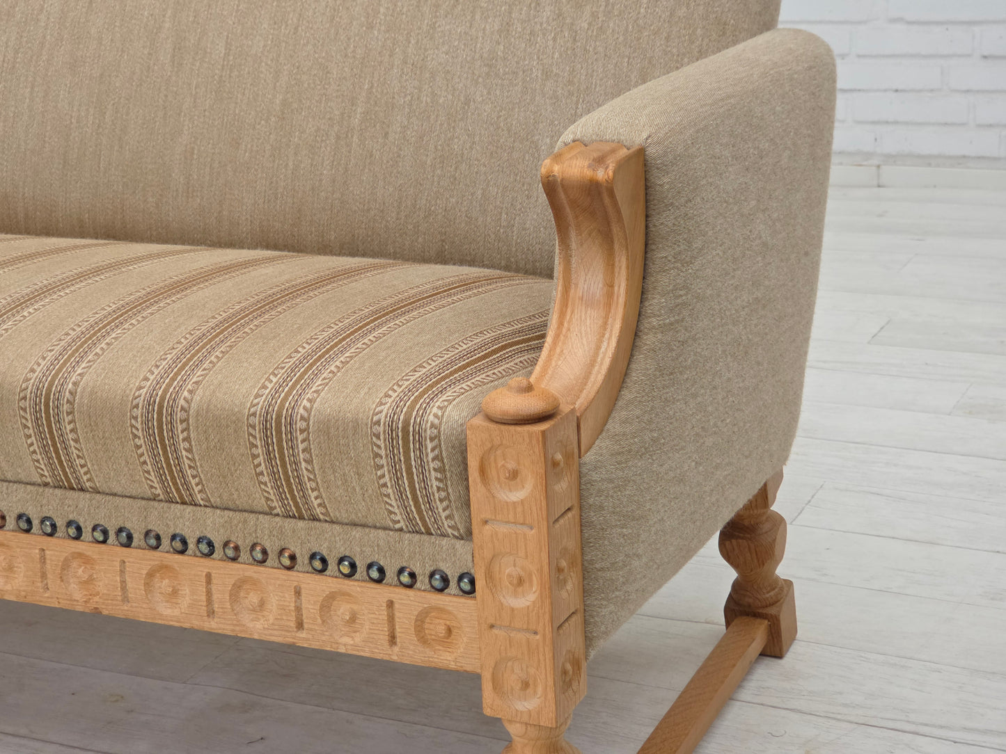1970s, 3-seater Danish sofa, original beige furniture wool, solid oak wood.