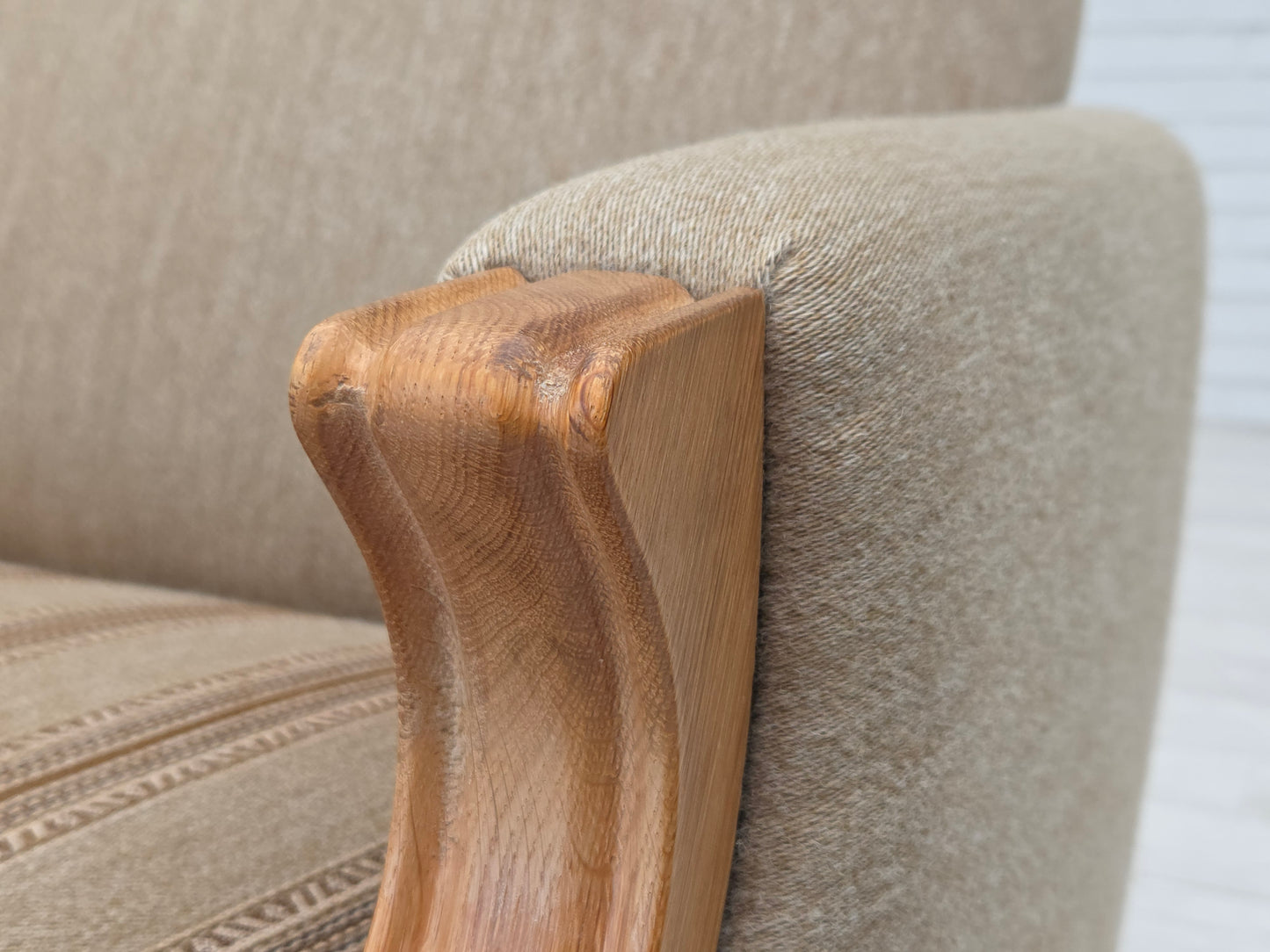 1970s, 3-seater Danish sofa, original beige furniture wool, solid oak wood.