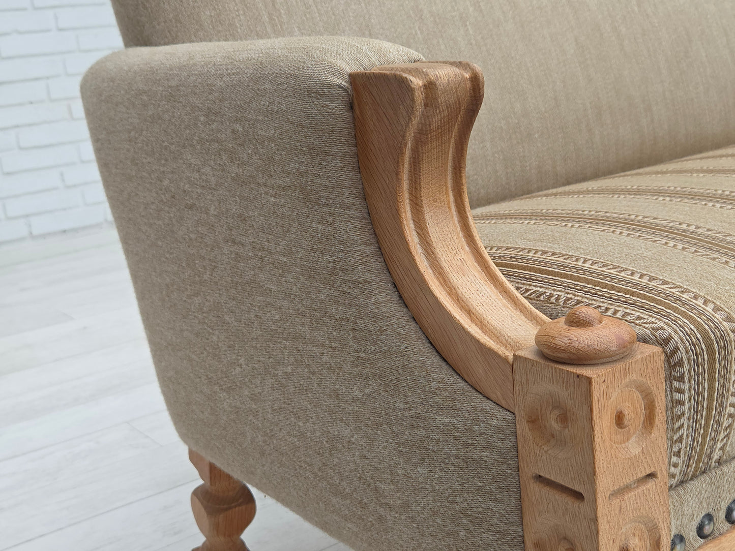 1970s, 3-seater Danish sofa, original beige furniture wool, solid oak wood.