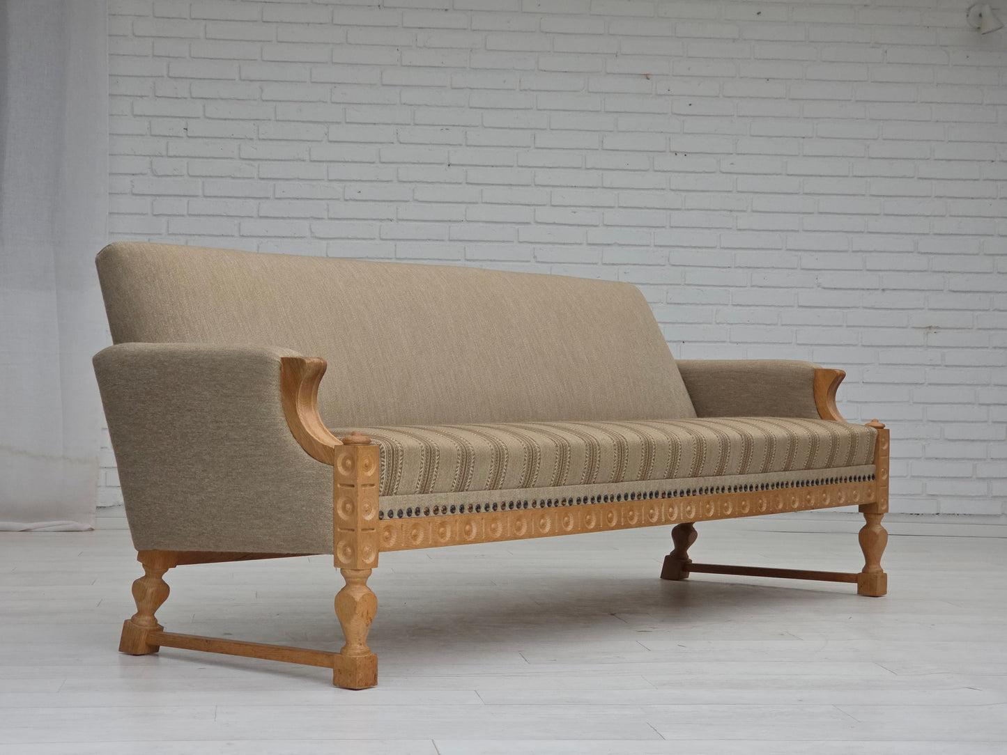 1970s, 3-seater Danish sofa, original beige furniture wool, solid oak wood.