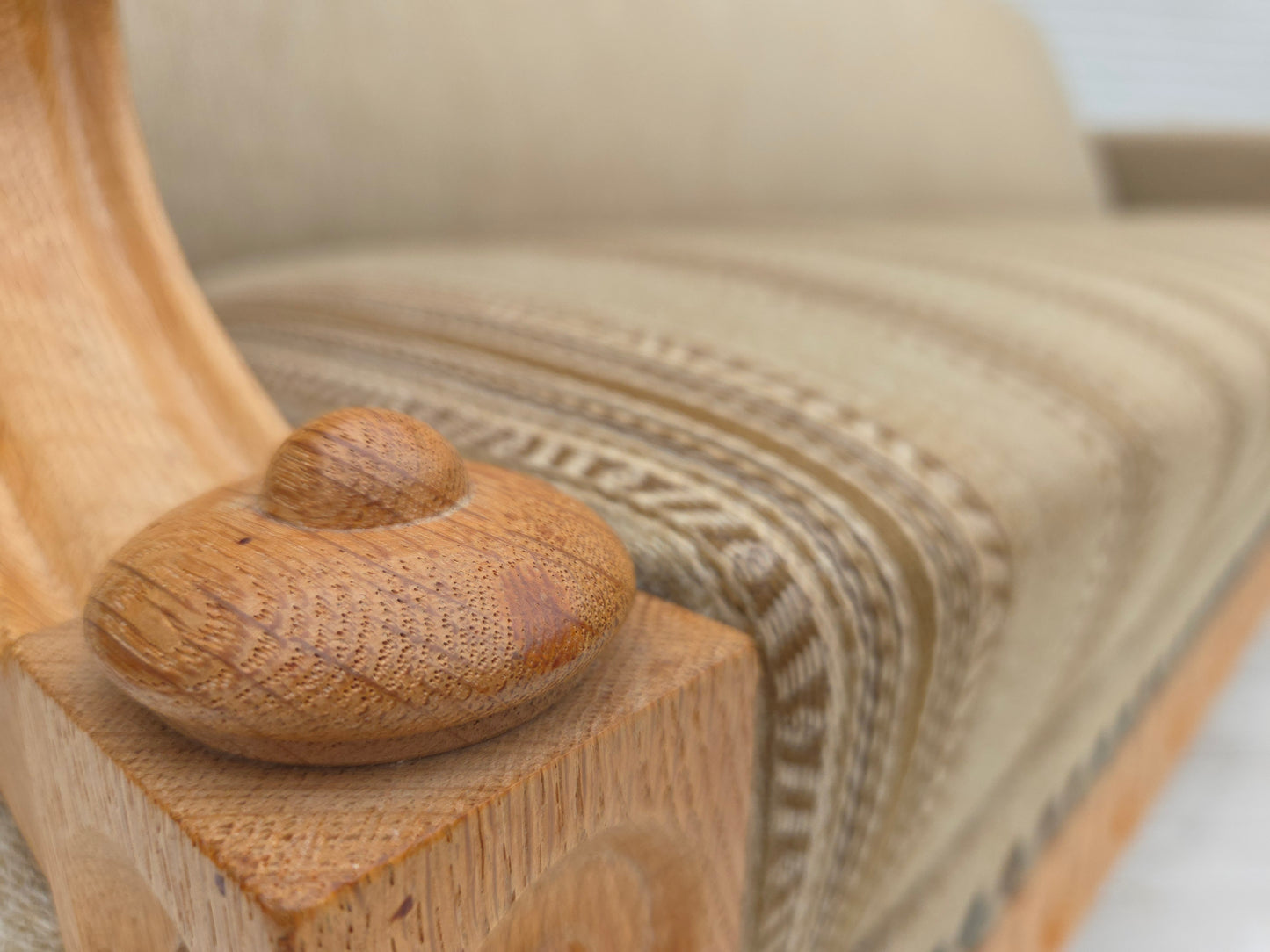 1970s, 3-seater Danish sofa, original beige furniture wool, solid oak wood.