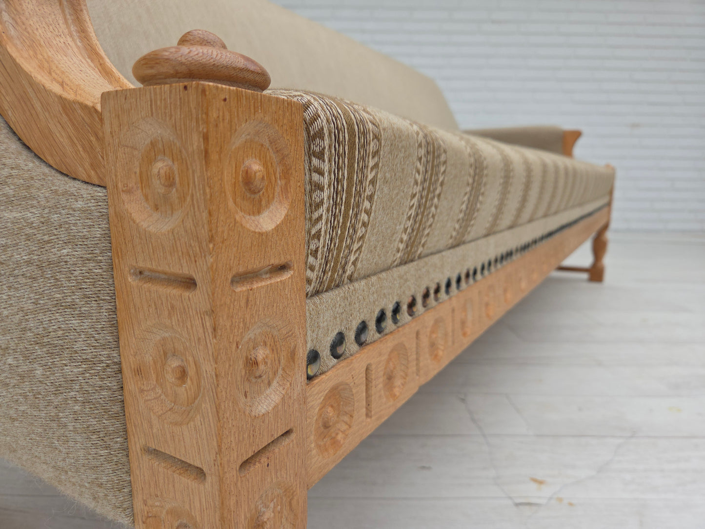 1970s, 3-seater Danish sofa, original beige furniture wool, solid oak wood.