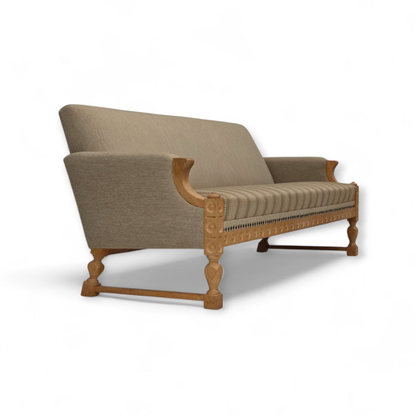 1970s, 3-seater Danish sofa, original beige furniture wool, solid oak wood.