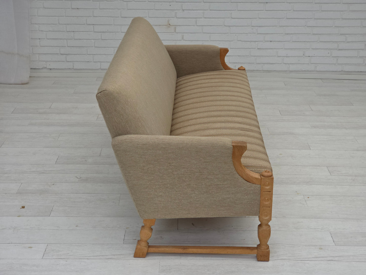 1970s, 3-seater Danish sofa, original beige furniture wool, solid oak wood.