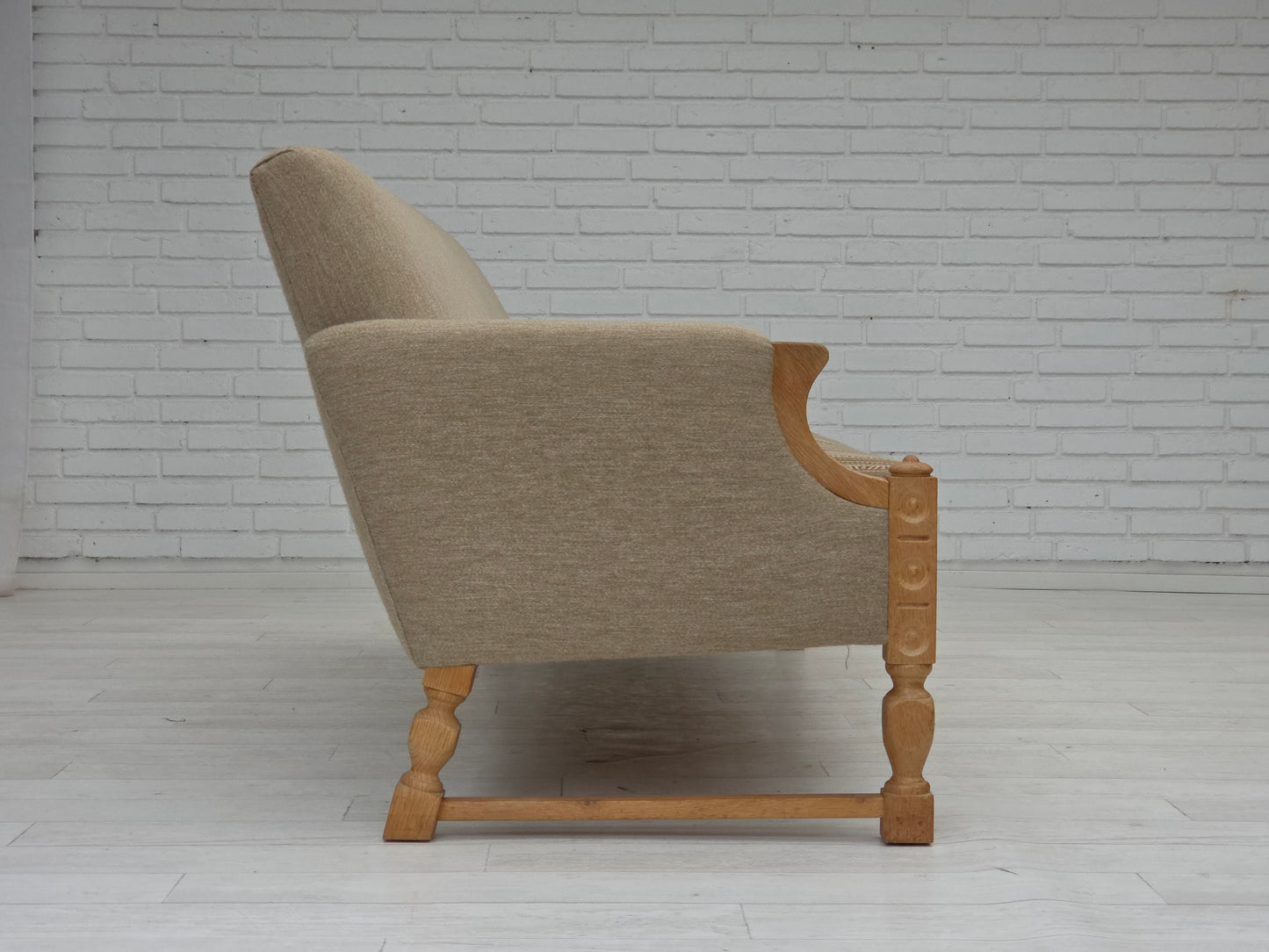 1970s, 3-seater Danish sofa, original beige furniture wool, solid oak wood.