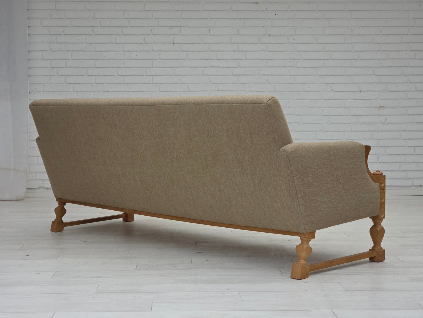 1970s, 3-seater Danish sofa, original beige furniture wool, solid oak wood.