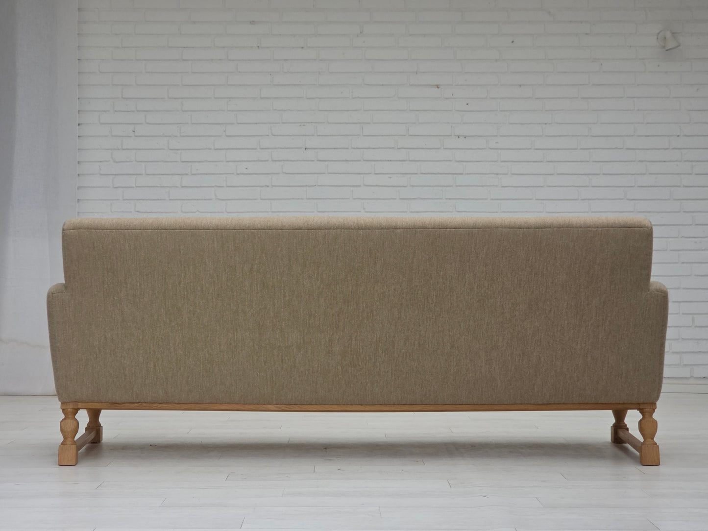 1970s, 3-seater Danish sofa, original beige furniture wool, solid oak wood.