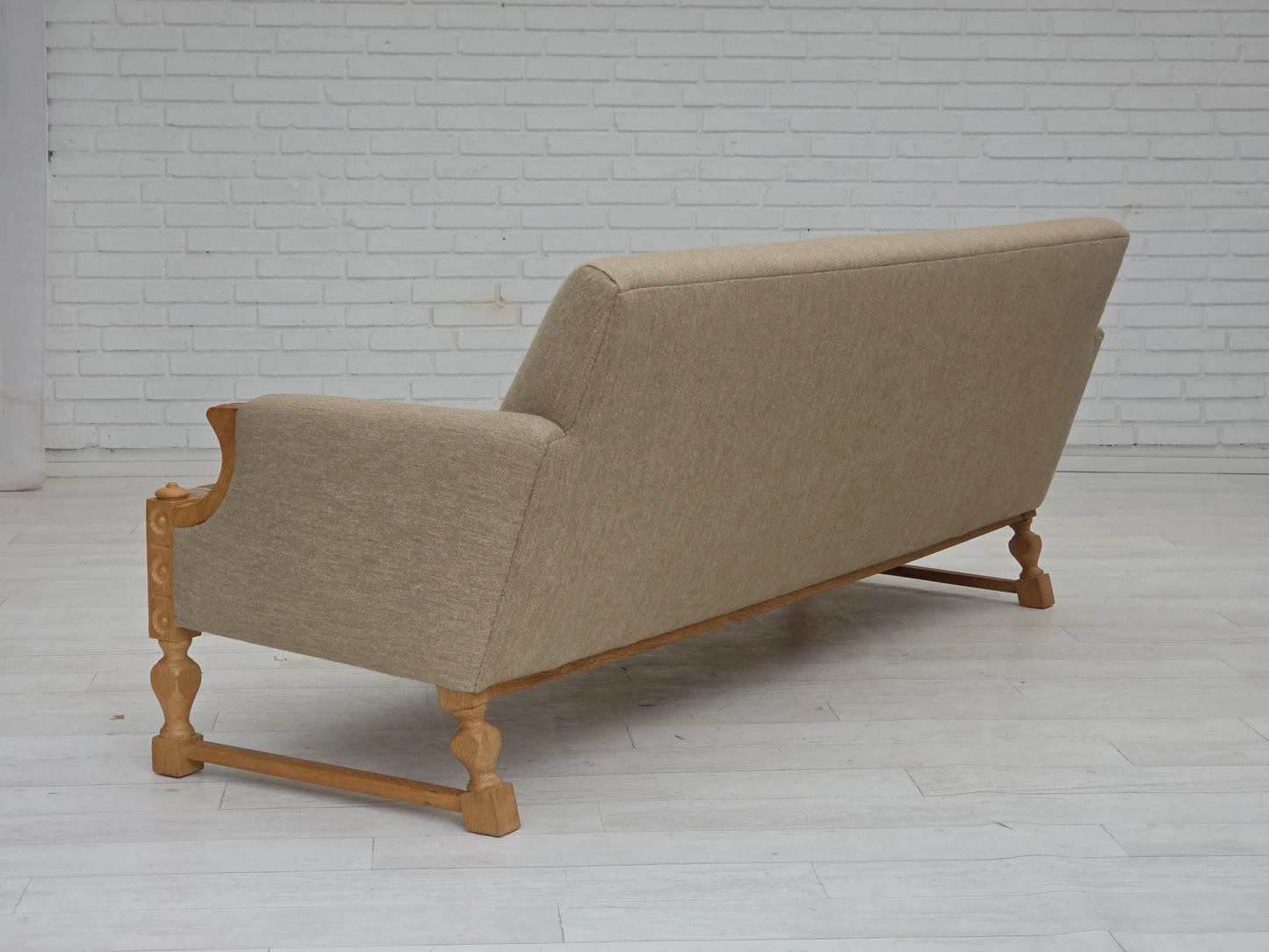 1970s, 3-seater Danish sofa, original beige furniture wool, solid oak wood.