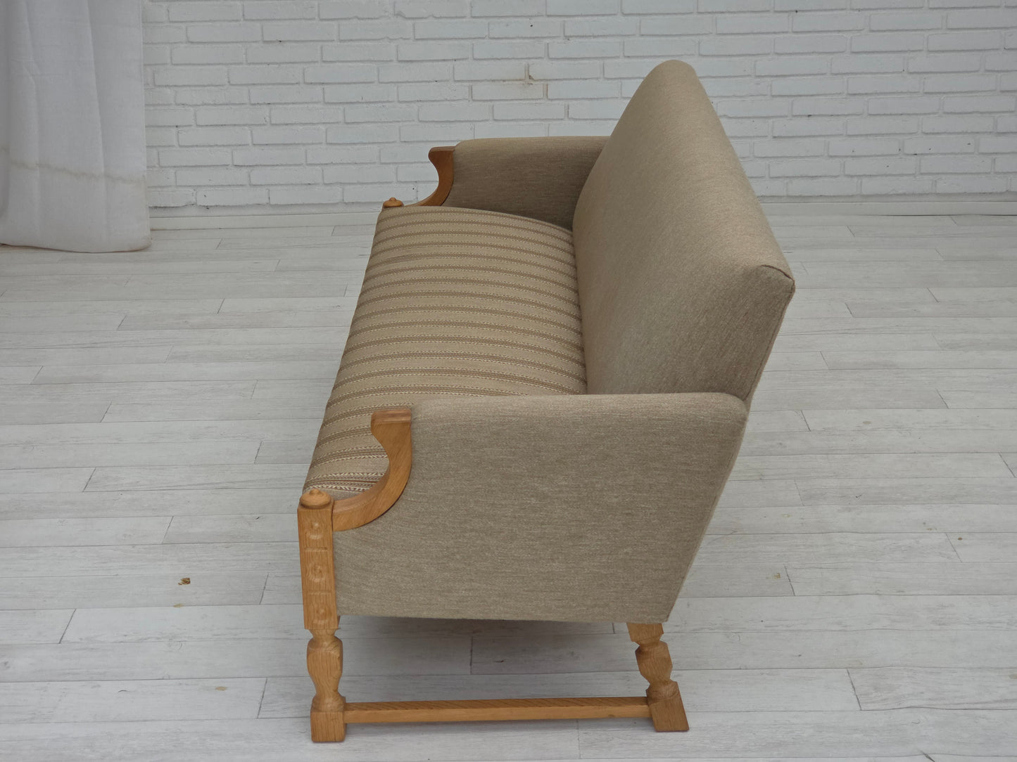 1970s, 3-seater Danish sofa, original beige furniture wool, solid oak wood.